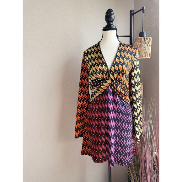 Zara Dresses & Skirts - Zara Dress Small Boho Multicolor Psychedelic Mini Beaded Neckline EUC